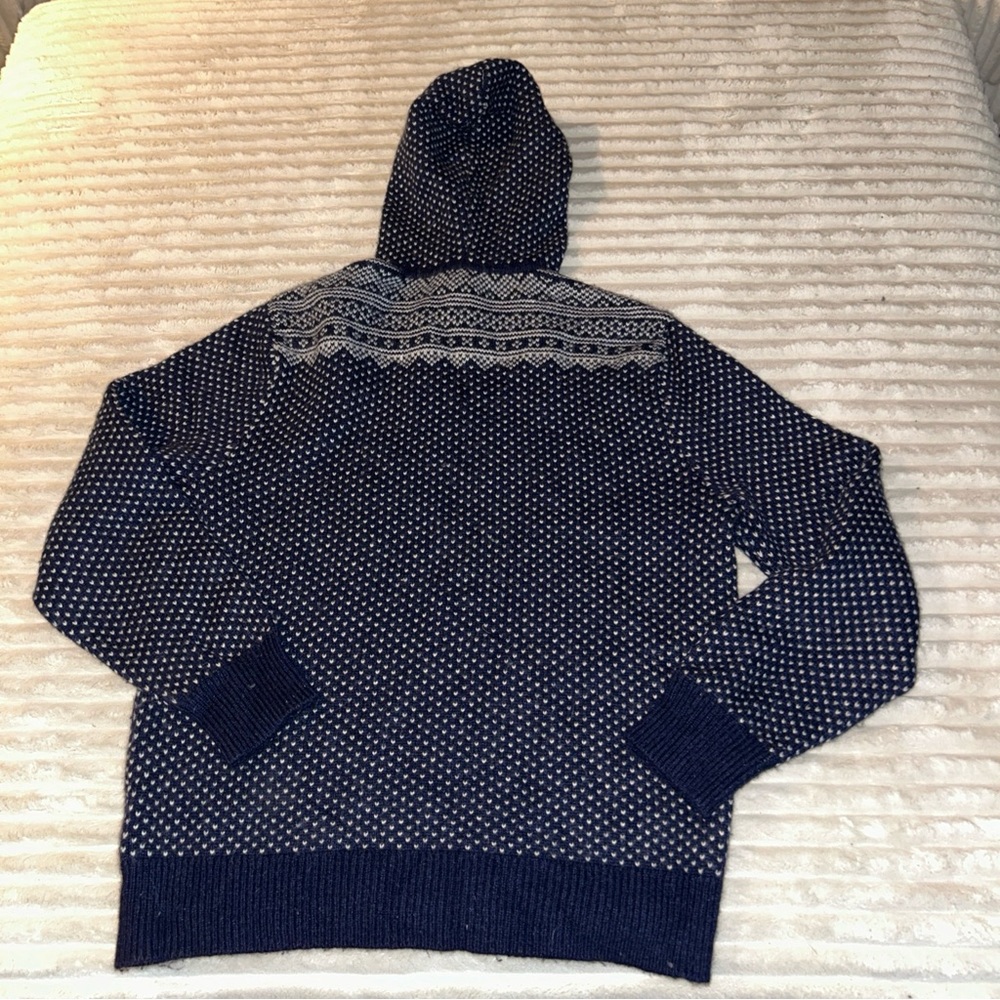 J.Crew Mercantile Lambswool blend Fair Isle Knit Hoodie Sweater Navy Blue Size L - Picture 3 of 8